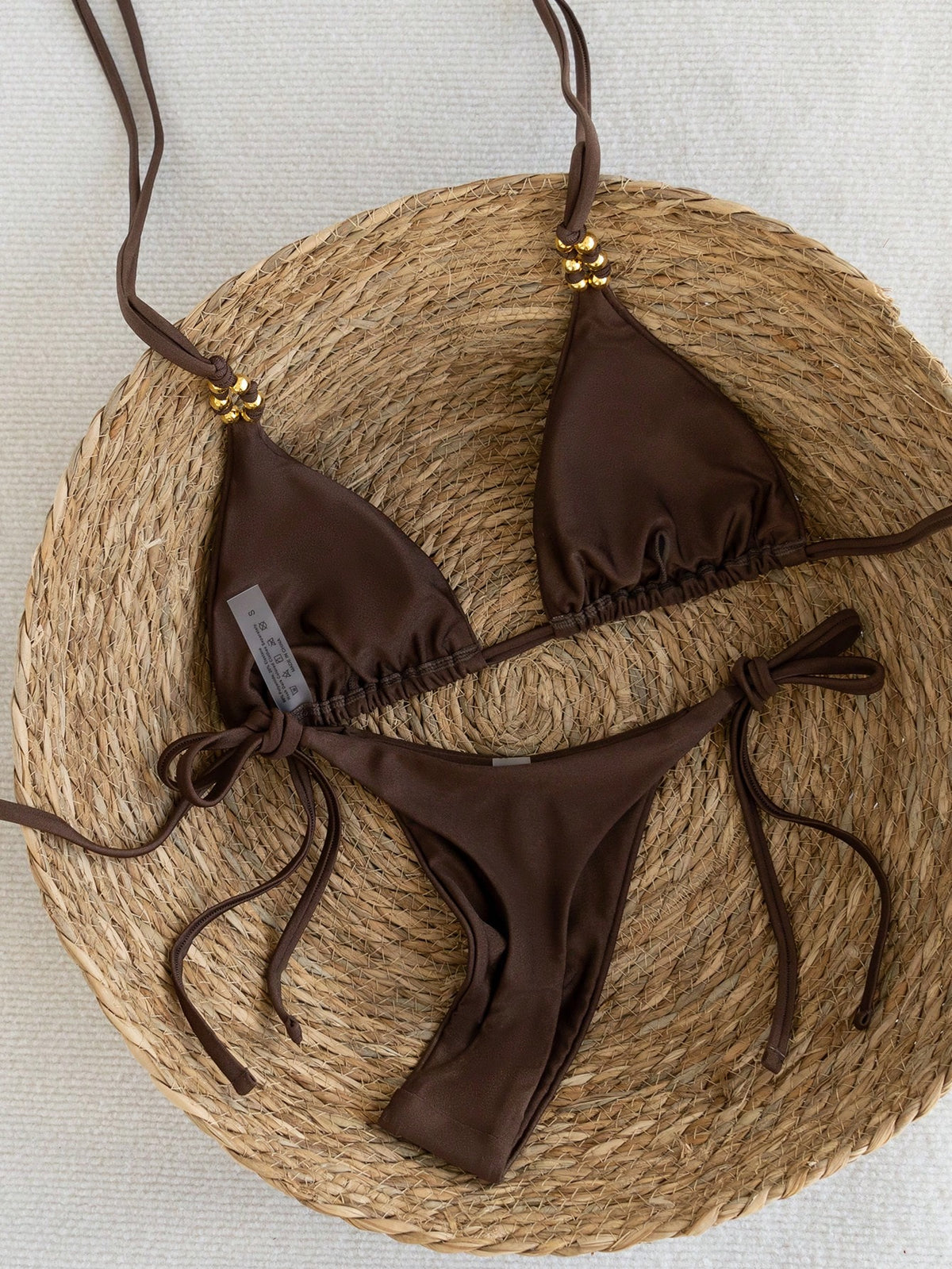 Swim Vcay Women's Coffee Brown Bikini Set,Summer Casual Beach Holiday Vacation Holiday,Spaghetti Strap Halter Gold Beaded Shiny Side Tie High Cut Bathing Suit