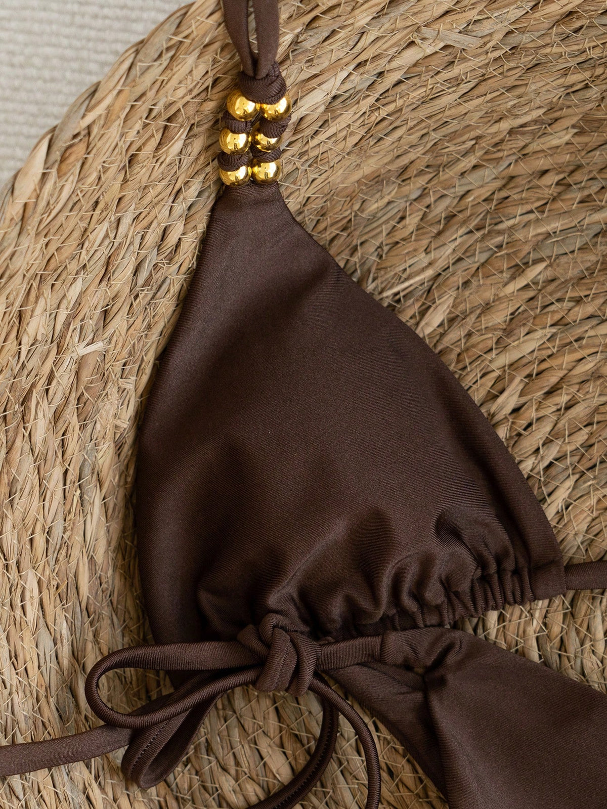 Swim Vcay Women's Coffee Brown Bikini Set,Summer Casual Beach Holiday Vacation Holiday,Spaghetti Strap Halter Gold Beaded Shiny Side Tie High Cut Bathing Suit