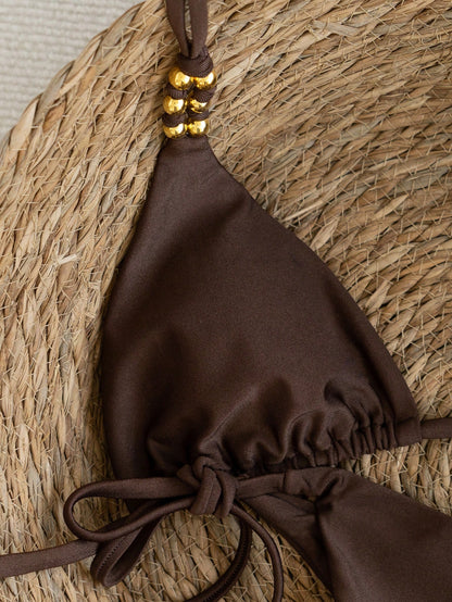 Swim Vcay Women's Coffee Brown Bikini Set,Summer Casual Beach Holiday Vacation Holiday,Spaghetti Strap Halter Gold Beaded Shiny Side Tie High Cut Bathing Suit