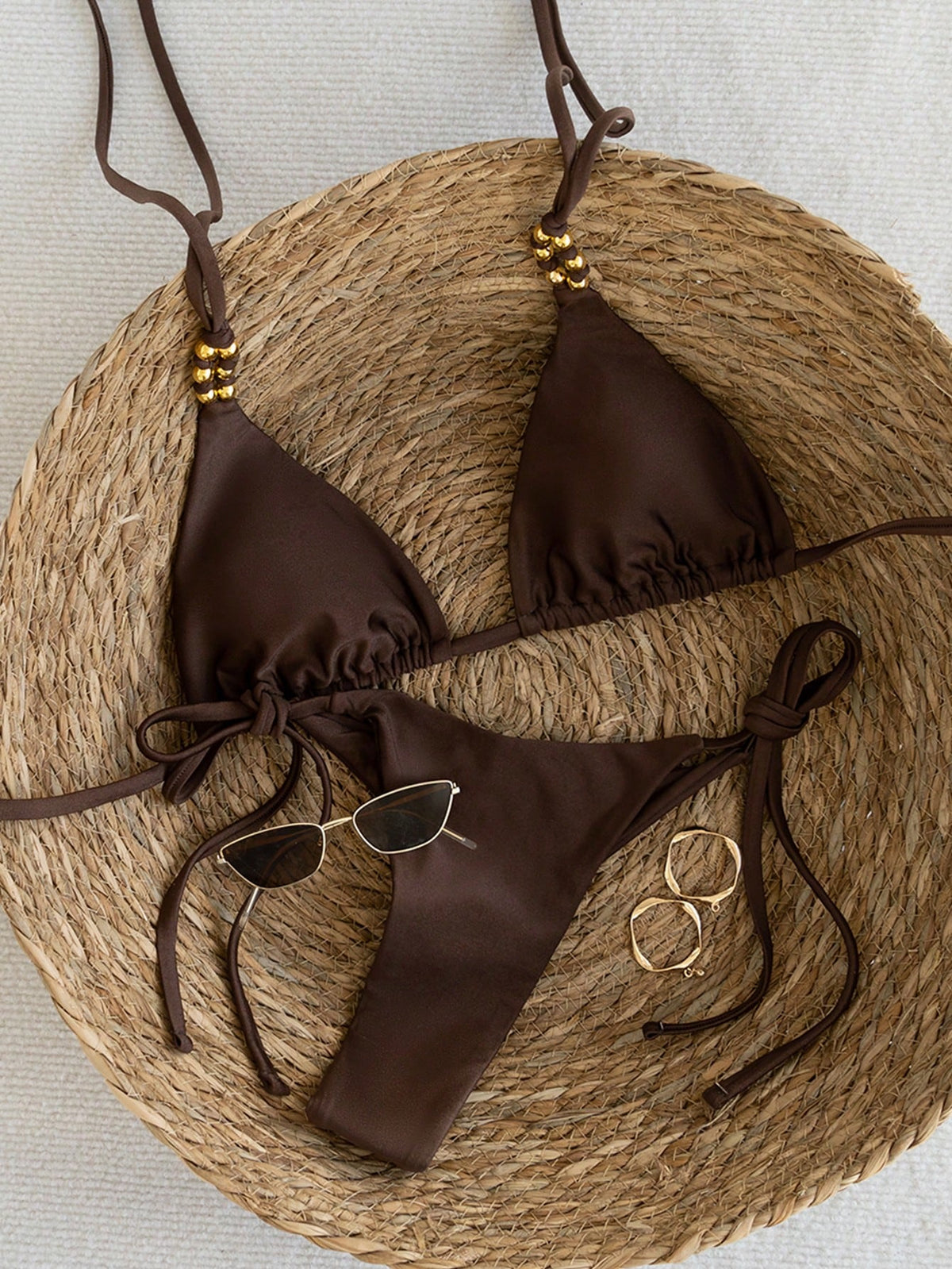 Swim Vcay Women's Coffee Brown Bikini Set,Summer Casual Beach Holiday Vacation Holiday,Spaghetti Strap Halter Gold Beaded Shiny Side Tie High Cut Bathing Suit