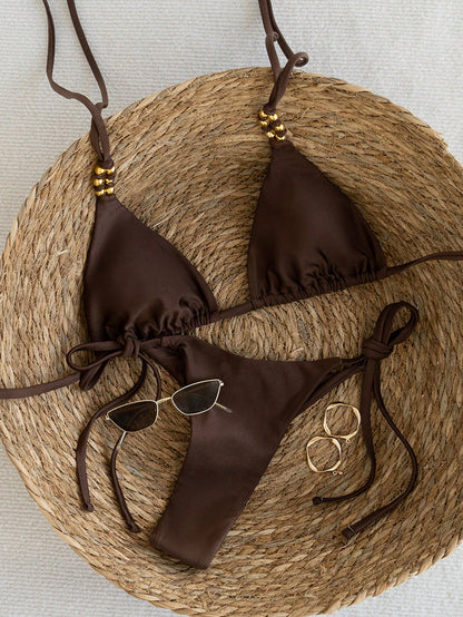 Swim Vcay Women's Coffee Brown Bikini Set,Summer Casual Beach Holiday Vacation Holiday,Spaghetti Strap Halter Gold Beaded Shiny Side Tie High Cut Bathing Suit