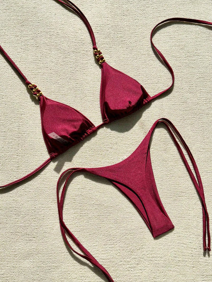 Swim Vcay Women's Coffee Brown Bikini Set,Summer Casual Beach Holiday Vacation Holiday,Spaghetti Strap Halter Gold Beaded Shiny Side Tie High Cut Bathing Suit
