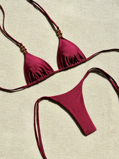 Swim Vcay Women's Coffee Brown Bikini Set,Summer Casual Beach Holiday Vacation Holiday,Spaghetti Strap Halter Gold Beaded Shiny Side Tie High Cut Bathing Suit