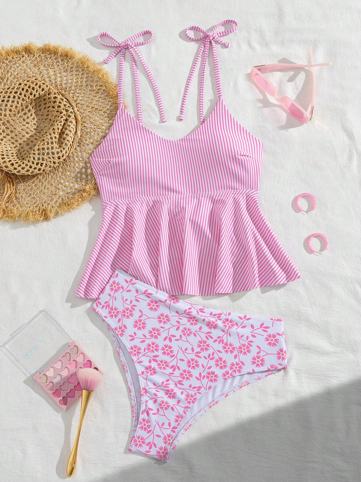 Swim Vcay Women's Cute Pink And White Striped 2-Piece Swimwear Set,Elegant Summer Beach Holiday Tankini With Floral Print Bottoms,U-Neck Ruffle Hem Flare Top