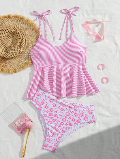 Swim Vcay Women's Cute Pink And White Striped 2-Piece Swimwear Set,Elegant Summer Beach Holiday Tankini With Floral Print Bottoms,U-Neck Ruffle Hem Flare Top