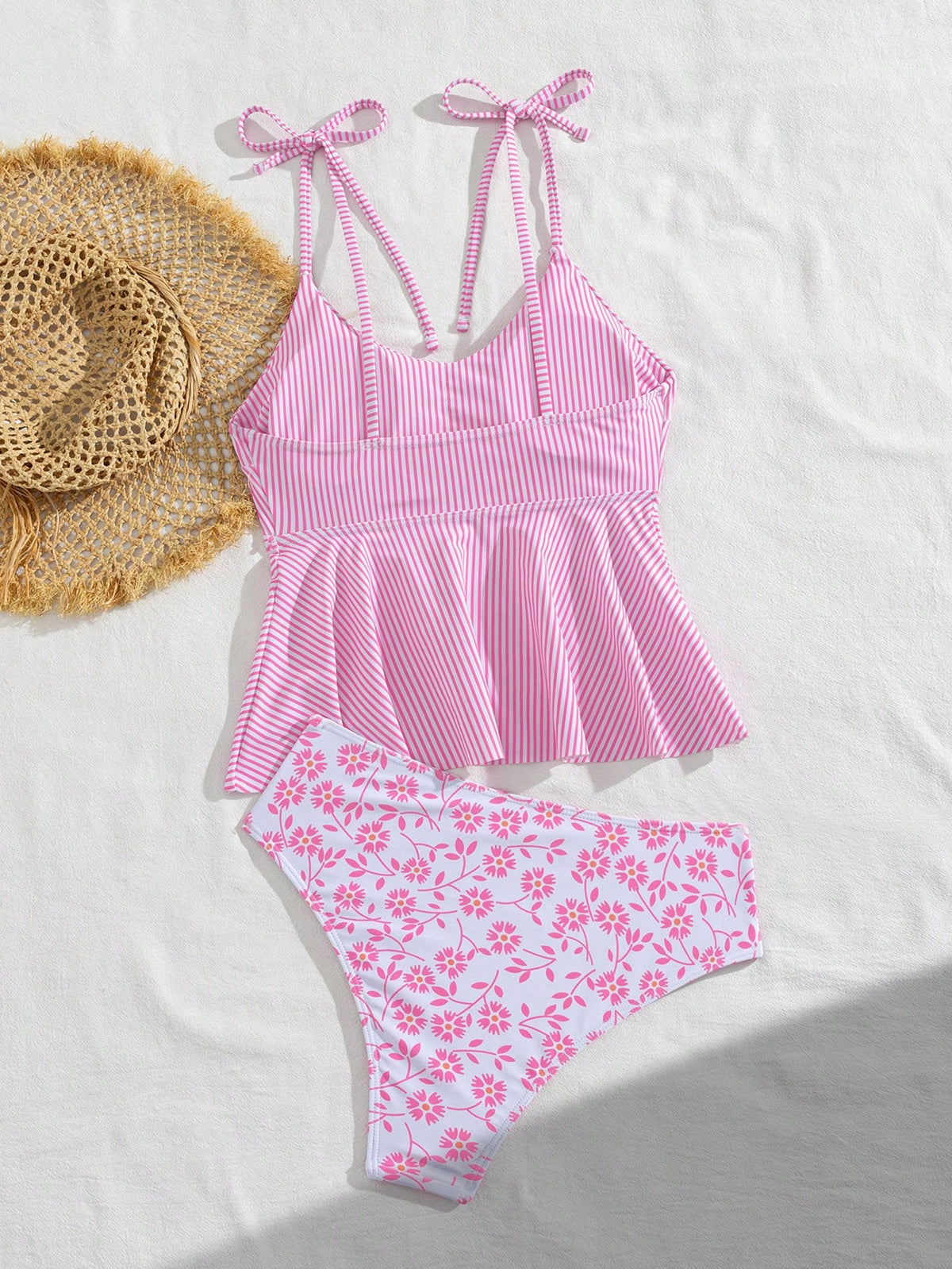 Swim Vcay Women's Cute Pink And White Striped 2-Piece Swimwear Set,Elegant Summer Beach Holiday Tankini With Floral Print Bottoms,U-Neck Ruffle Hem Flare Top