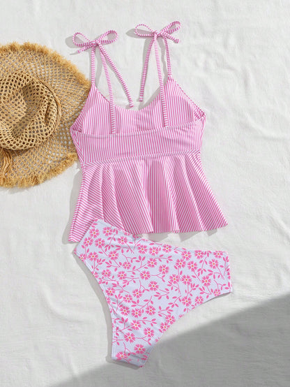 Swim Vcay Women's Cute Pink And White Striped 2-Piece Swimwear Set,Elegant Summer Beach Holiday Tankini With Floral Print Bottoms,U-Neck Ruffle Hem Flare Top