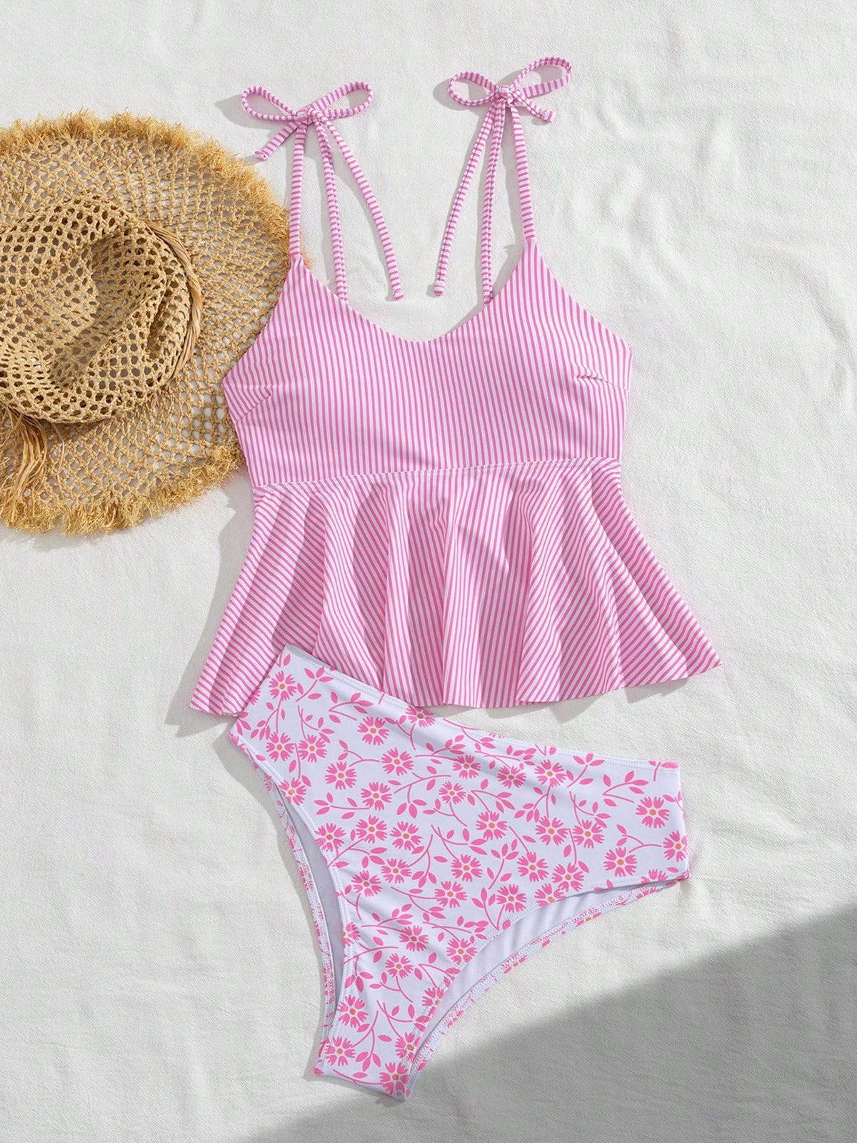 Swim Vcay Women's Cute Pink And White Striped 2-Piece Swimwear Set,Elegant Summer Beach Holiday Tankini With Floral Print Bottoms,U-Neck Ruffle Hem Flare Top