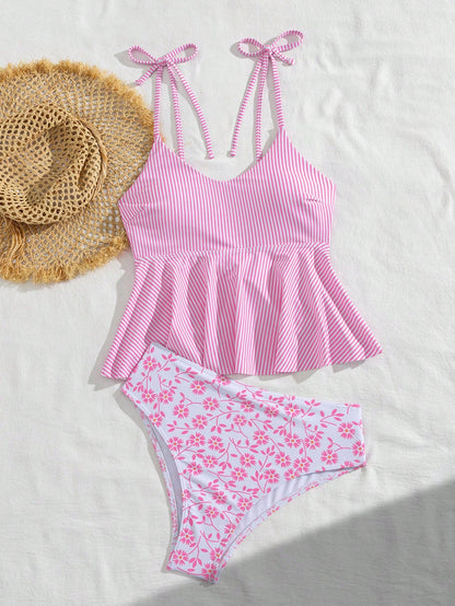 Swim Vcay Women's Cute Pink And White Striped 2-Piece Swimwear Set,Elegant Summer Beach Holiday Tankini With Floral Print Bottoms,U-Neck Ruffle Hem Flare Top