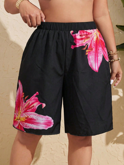 Swim Vcay Women's Plus Size Solid Color Single PieceBermuda Shorts, Vacation Beach Vacation Pants Summer