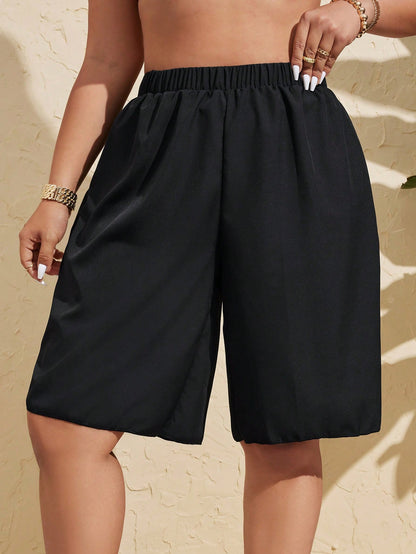 Swim Vcay Women's Plus Size Solid Color Single PieceBermuda Shorts, Vacation Beach Vacation Pants Summer