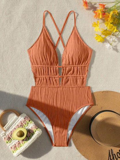 Swim Vcay Women's Solid Color Ruched One-Piece Swimsuit, Suitable For Beach Vacation, Pool Party, Beach Party One Piece Bathing Suit Zestiva Swimsuit