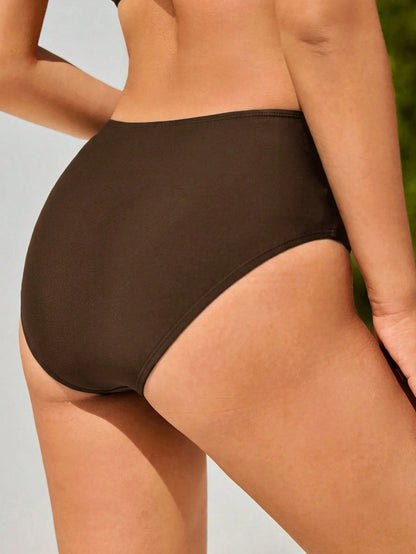 Swim Vcay Women's Solid Color Ruched Triangle Bikini Bottom Beach Brown Summer Modest