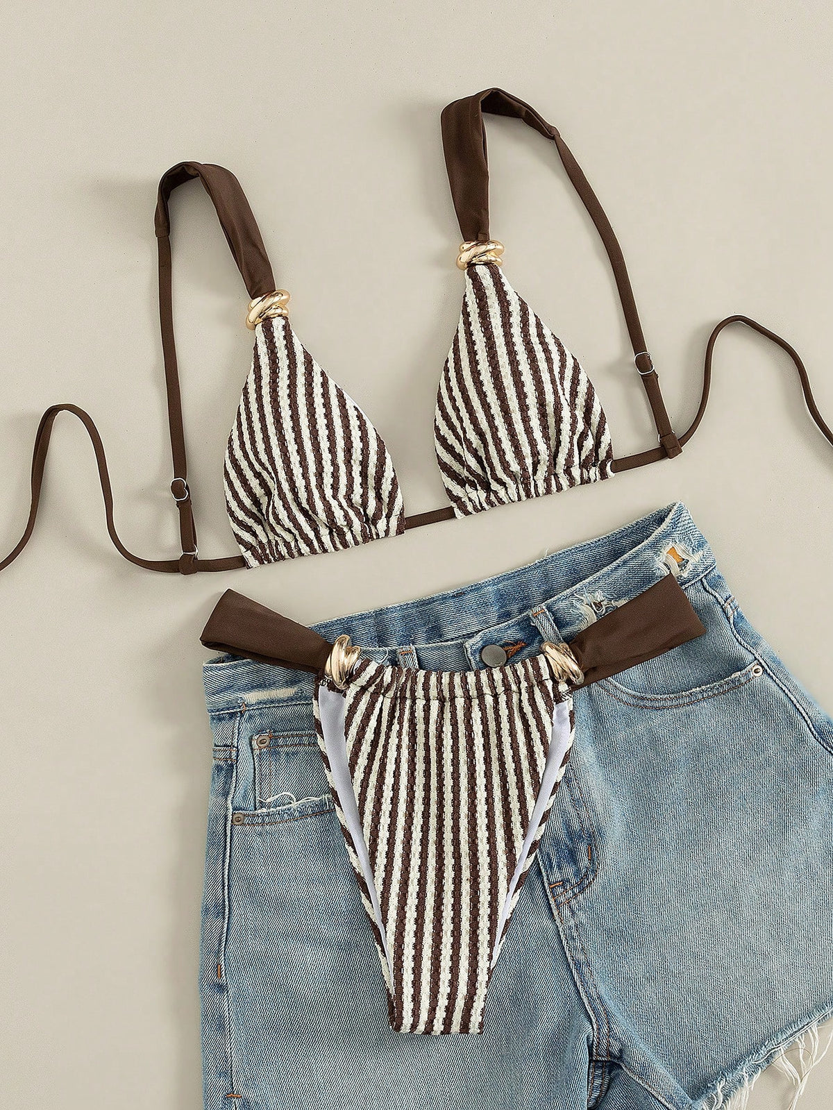 Swim Vcay Women's Spring/Summer Beach Striped Jacquard Fabric Color Block Metallic Accessories Wide Strap Thong Bikini Set- Cute Casual Style