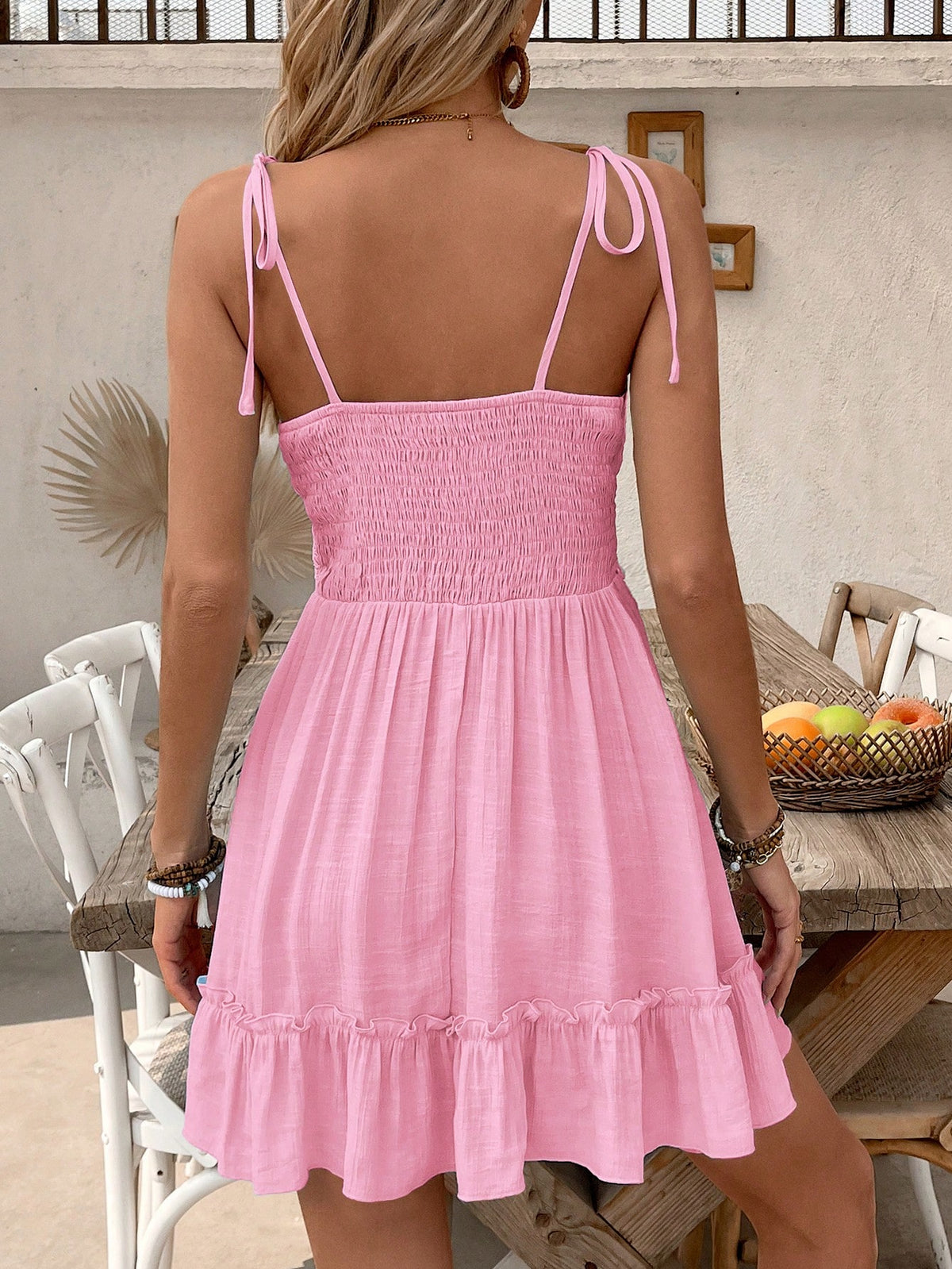 Swim Vcay Women's Summer Beach Vacation Solid Color Lace Patchwork Ruffle Hem Tie Strap Cover-Up Dress