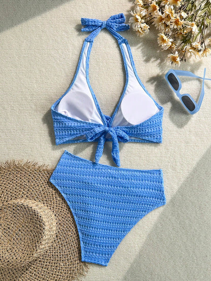 Swim Vcay Women's Summer Blue Halter Sexy Beach Vacation Bikini Swimsuit 2 Pieces Set