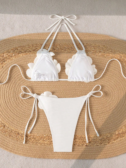 Swim Vcay Women's Summer New Beach Swimming Fashion Vacation Sweet Cute 3D Flower Decor Textured Fabric Sexy Halter Neck Backless Bikini Two Pieces Bikini Set Set Suitable For Beach Swimming Beach Vac