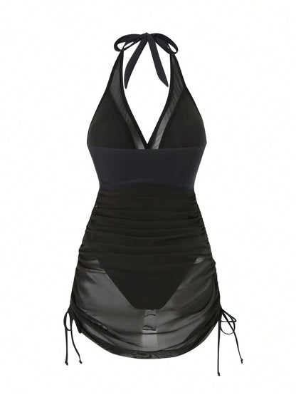 Swim Vcay Women Spring Break Sexy Vacation Casual Party Summer Beach Solid Black Wire-Free Textured Swim Dress