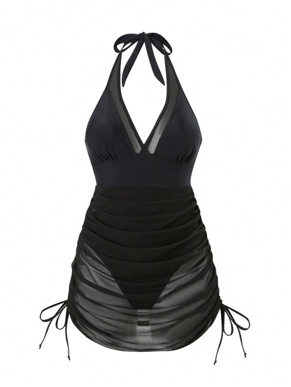Swim Vcay Women Spring Break Sexy Vacation Casual Party Summer Beach Solid Black Wire-Free Textured Swim Dress
