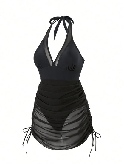 Swim Vcay Women Spring Break Sexy Vacation Casual Party Summer Beach Solid Black Wire-Free Textured Swim Dress