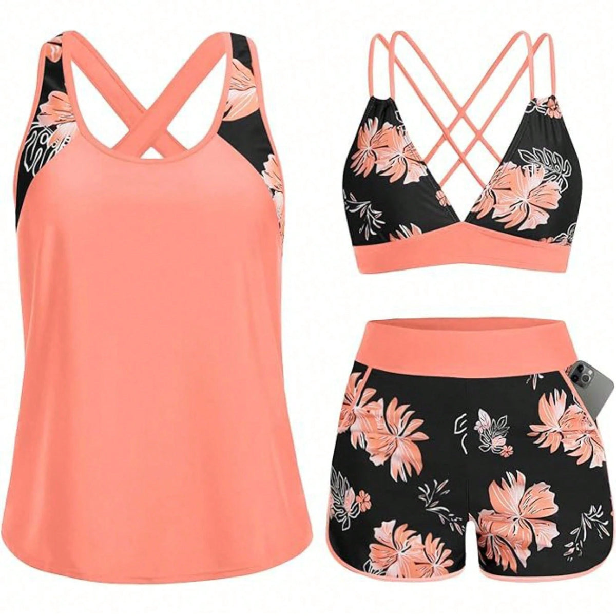Swim Women 3 Piece Palm Tree Print Crisscross Back Bikini Set With Cross Back Tank Cover Up Swim Shorts Bathing Suit
