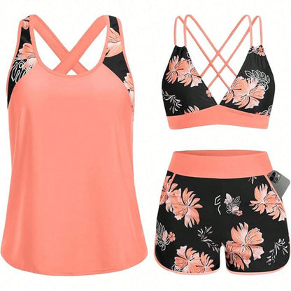 Swim Women 3 Piece Palm Tree Print Crisscross Back Bikini Set With Cross Back Tank Cover Up Swim Shorts Bathing Suit