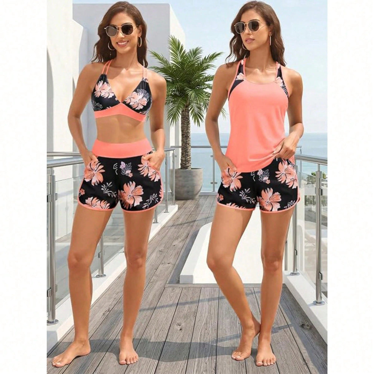 Swim Women 3 Piece Palm Tree Print Crisscross Back Bikini Set With Cross Back Tank Cover Up Swim Shorts Bathing Suit