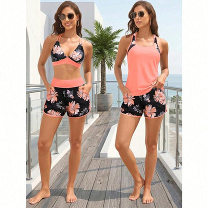 Swim Women 3 Piece Palm Tree Print Crisscross Back Bikini Set With Cross Back Tank Cover Up Swim Shorts Bathing Suit