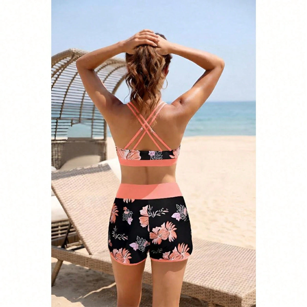 Swim Women 3 Piece Palm Tree Print Crisscross Back Bikini Set With Cross Back Tank Cover Up Swim Shorts Bathing Suit