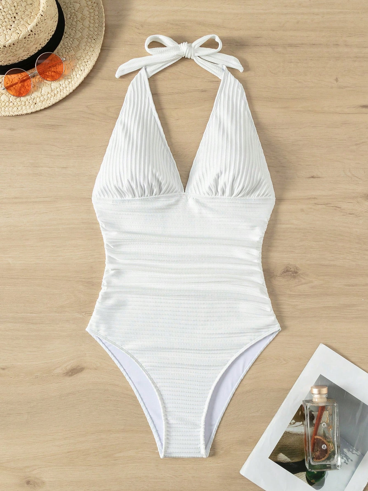 Swim Women's Plunging V-Neck Fitted One-Piece Bikini Swimsuit,Brown & Yellow Zebra Striped Print,White,Summer,Casual,Holiday,Pool Party,Vacation,Holiday