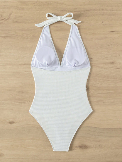 Swim Women's Plunging V-Neck Fitted One-Piece Bikini Swimsuit,Brown & Yellow Zebra Striped Print,White,Summer,Casual,Holiday,Pool Party,Vacation,Holiday