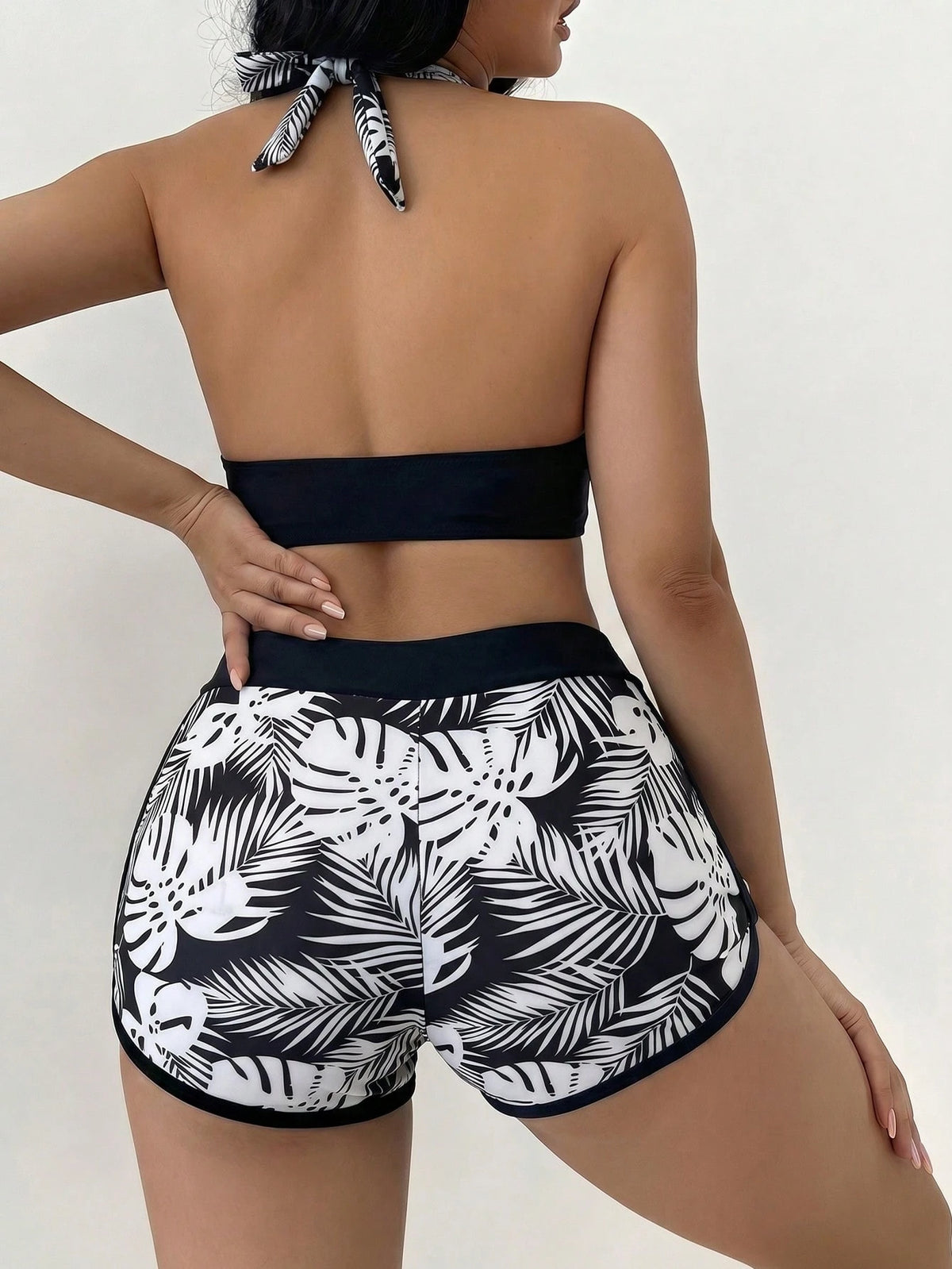 Swim Women's Summer Beach Tie Neck Sexy Bikini Top And Shorts 2-Piece Swimwear Set