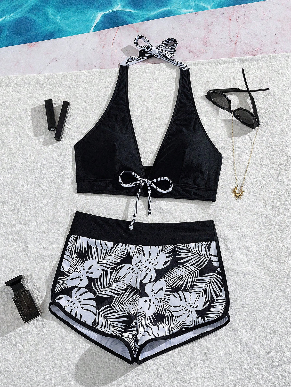 Swim Women's Summer Beach Tie Neck Sexy Bikini Top And Shorts 2-Piece Swimwear Set