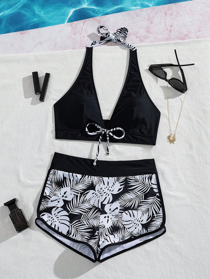Swim Women's Summer Beach Tie Neck Sexy Bikini Top And Shorts 2-Piece Swimwear Set