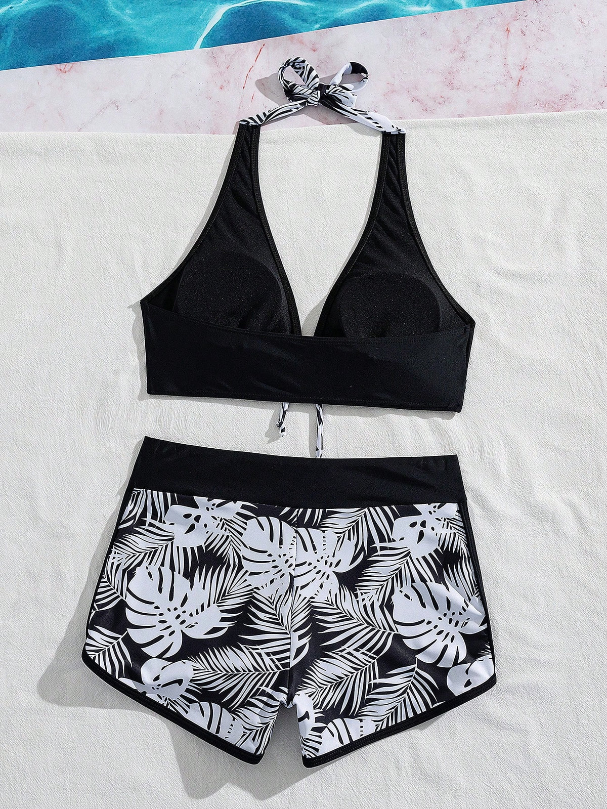 Swim Women's Summer Beach Tie Neck Sexy Bikini Top And Shorts 2-Piece Swimwear Set