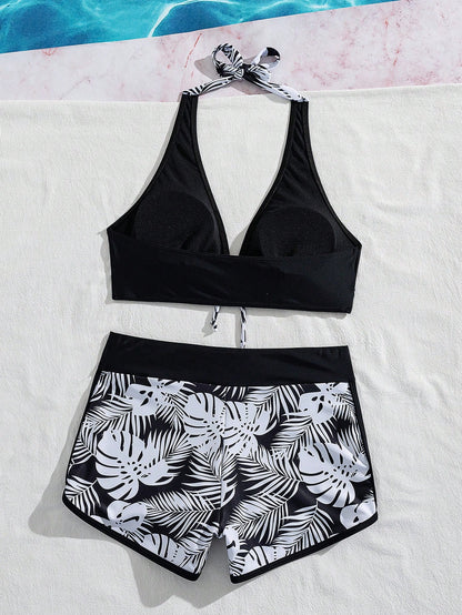 Swim Women's Summer Beach Tie Neck Sexy Bikini Top And Shorts 2-Piece Swimwear Set