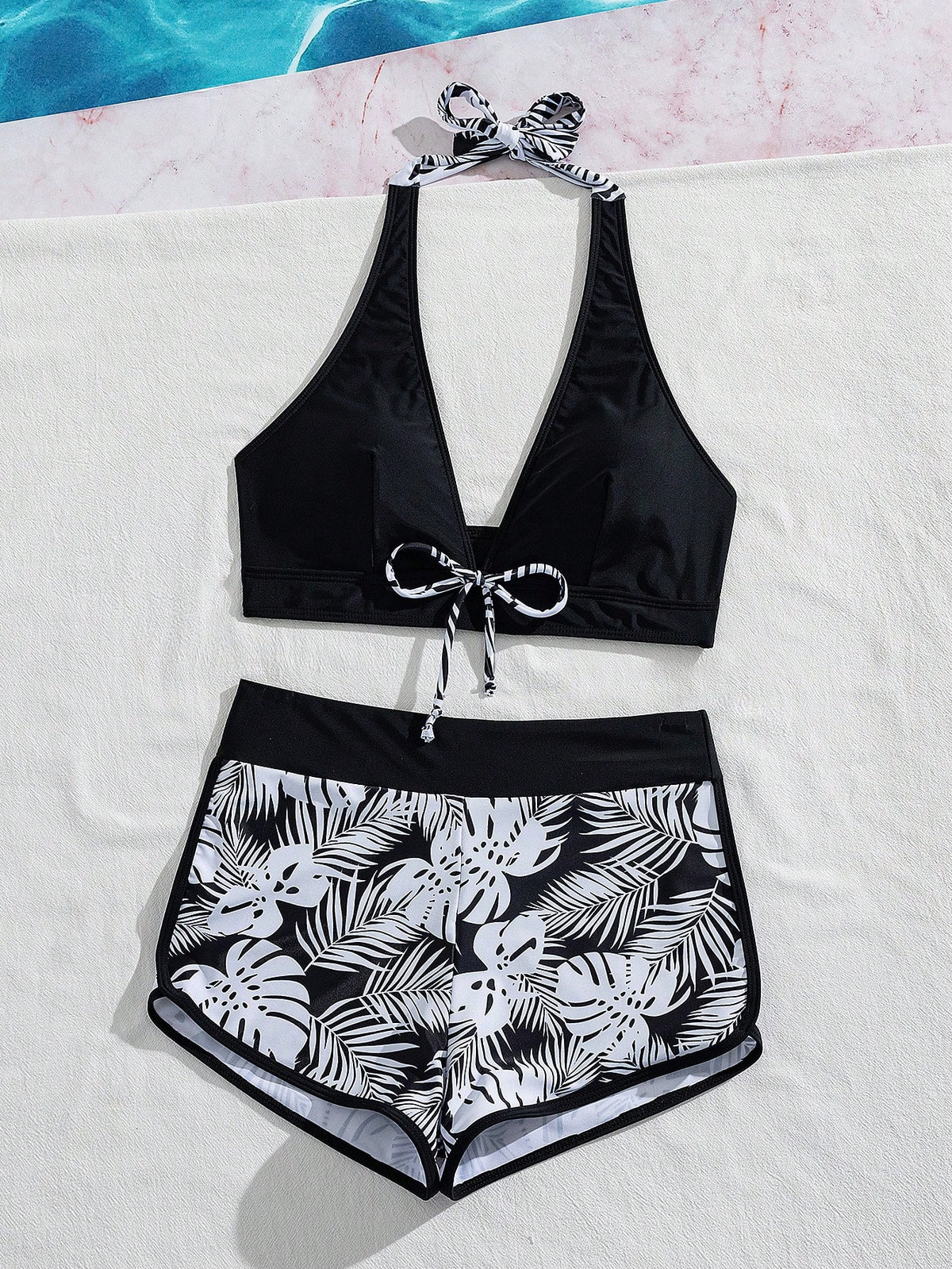 Swim Women's Summer Beach Tie Neck Sexy Bikini Top And Shorts 2-Piece Swimwear Set