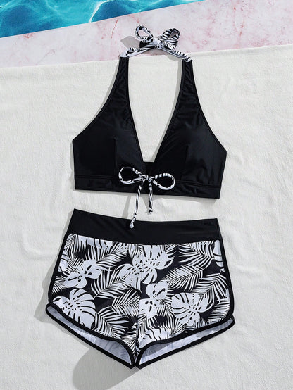 Swim Women's Summer Beach Tie Neck Sexy Bikini Top And Shorts 2-Piece Swimwear Set