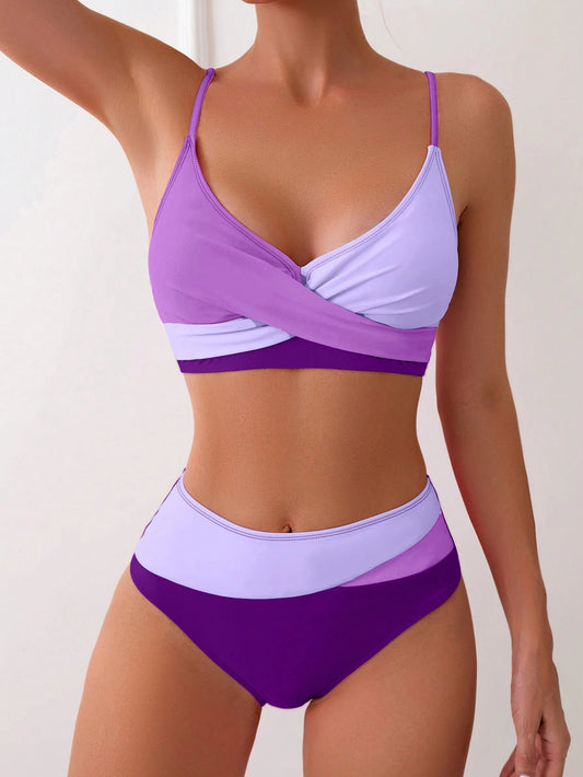 Swim Women Summer Beach Color-Block Spaghetti Strap Bikini Set