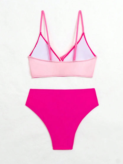 Swim Women Summer Beach Color-Block Spaghetti Strap Bikini Set