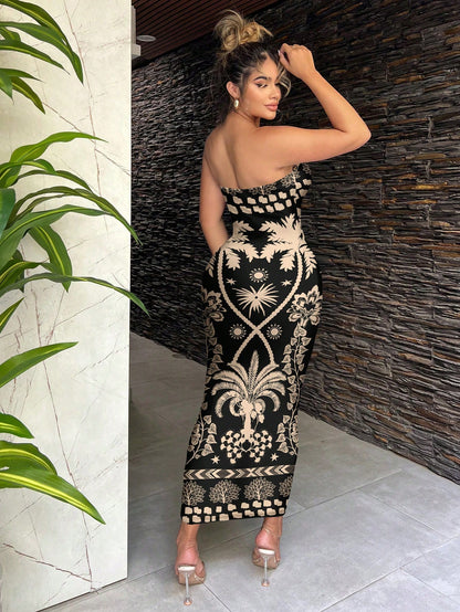 SXY Casual Minimalist Sleeveless Long Dress For Women, Retro Floral Print Pattern