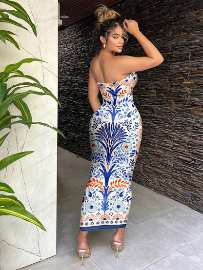 SXY Casual Minimalist Sleeveless Long Dress For Women, Retro Floral Print Pattern