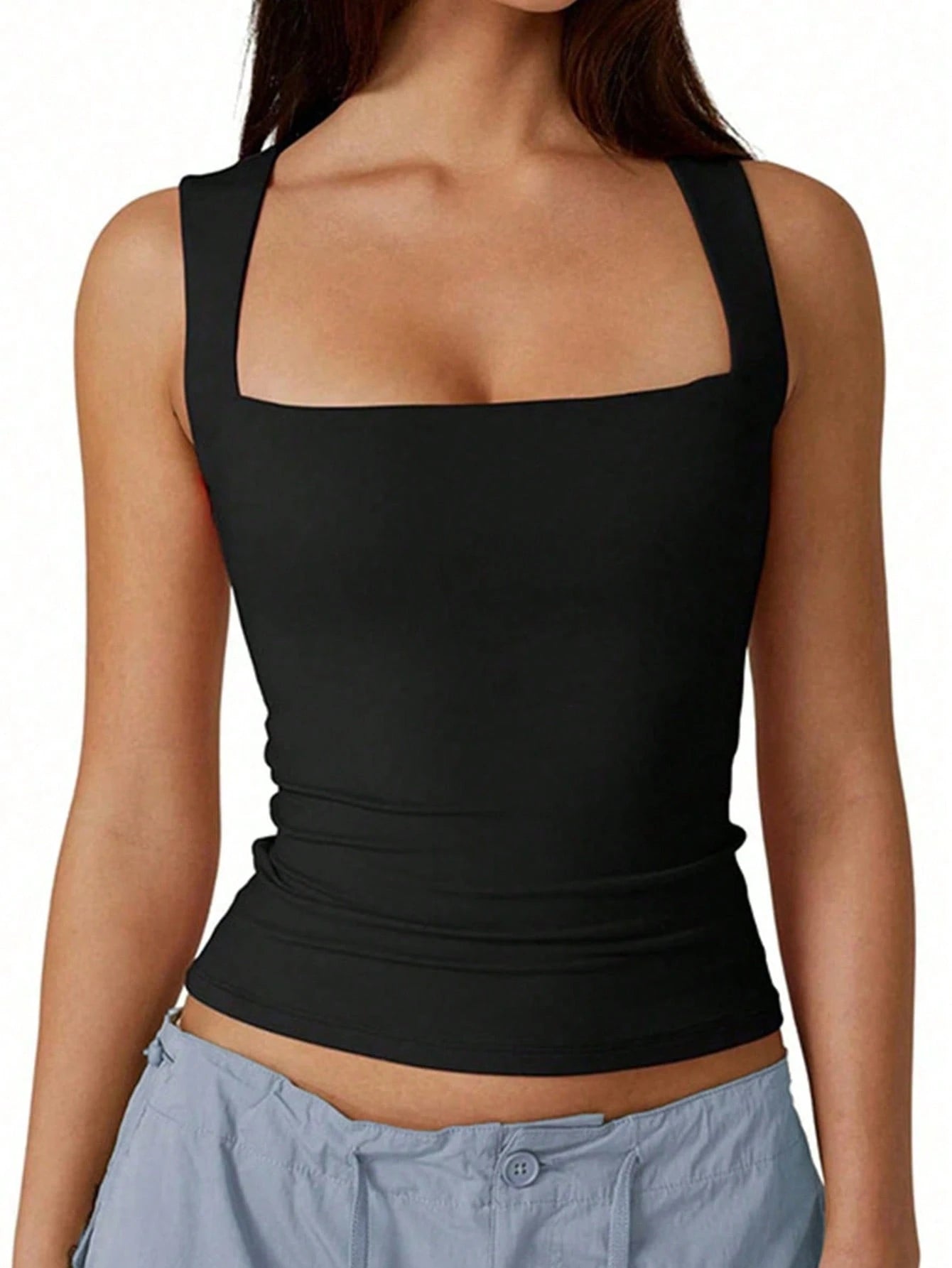 SXY Plus Size Casual Business Casual Solid Color Fitted Tank Top, Summer Office Concert Black