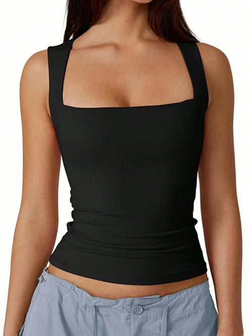 SXY Plus Size Casual Business Casual Solid Color Fitted Tank Top, Summer Office Concert Black
