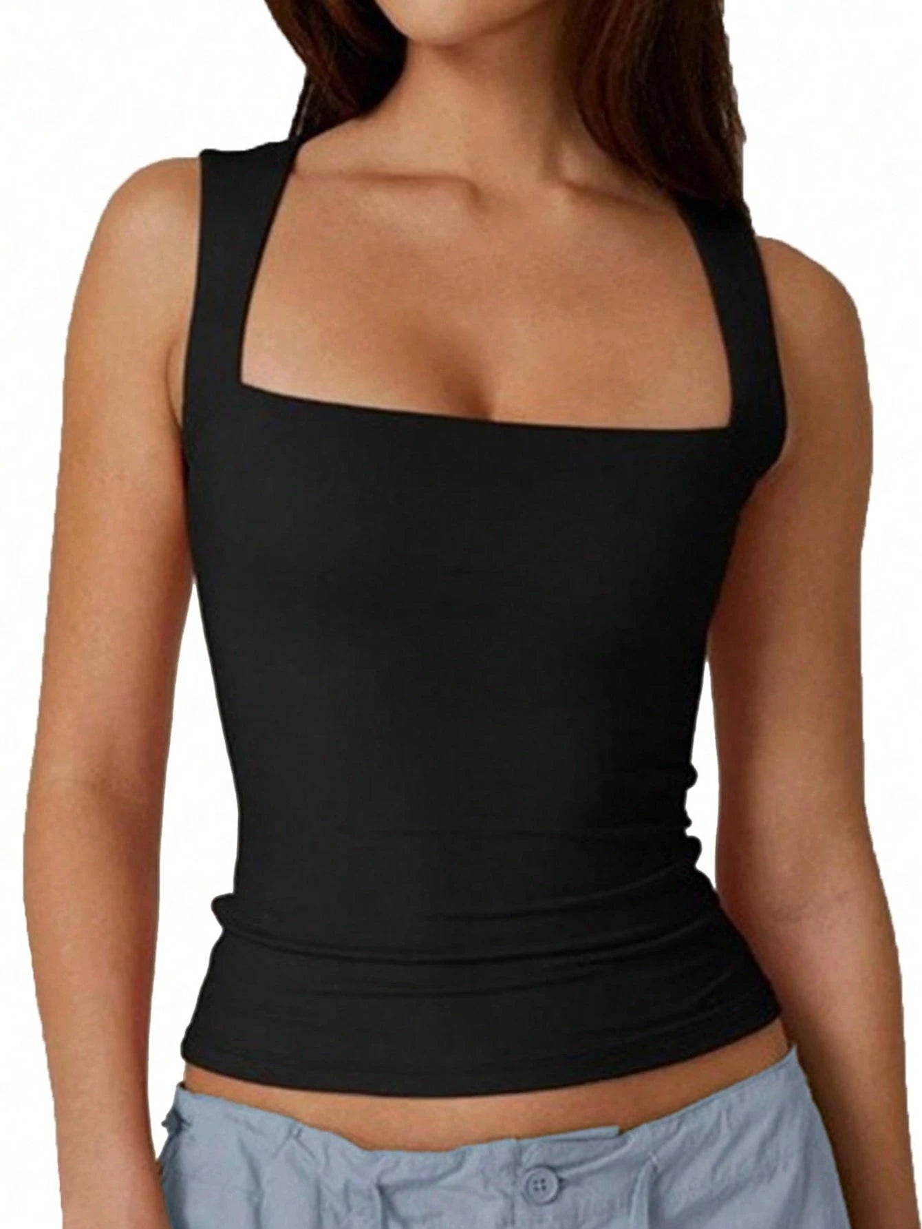 SXY Plus Size Casual Business Casual Solid Color Fitted Tank Top, Summer Office Concert Black