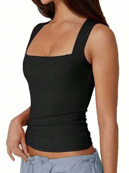 SXY Plus Size Casual Business Casual Solid Color Fitted Tank Top, Summer Office Concert Black