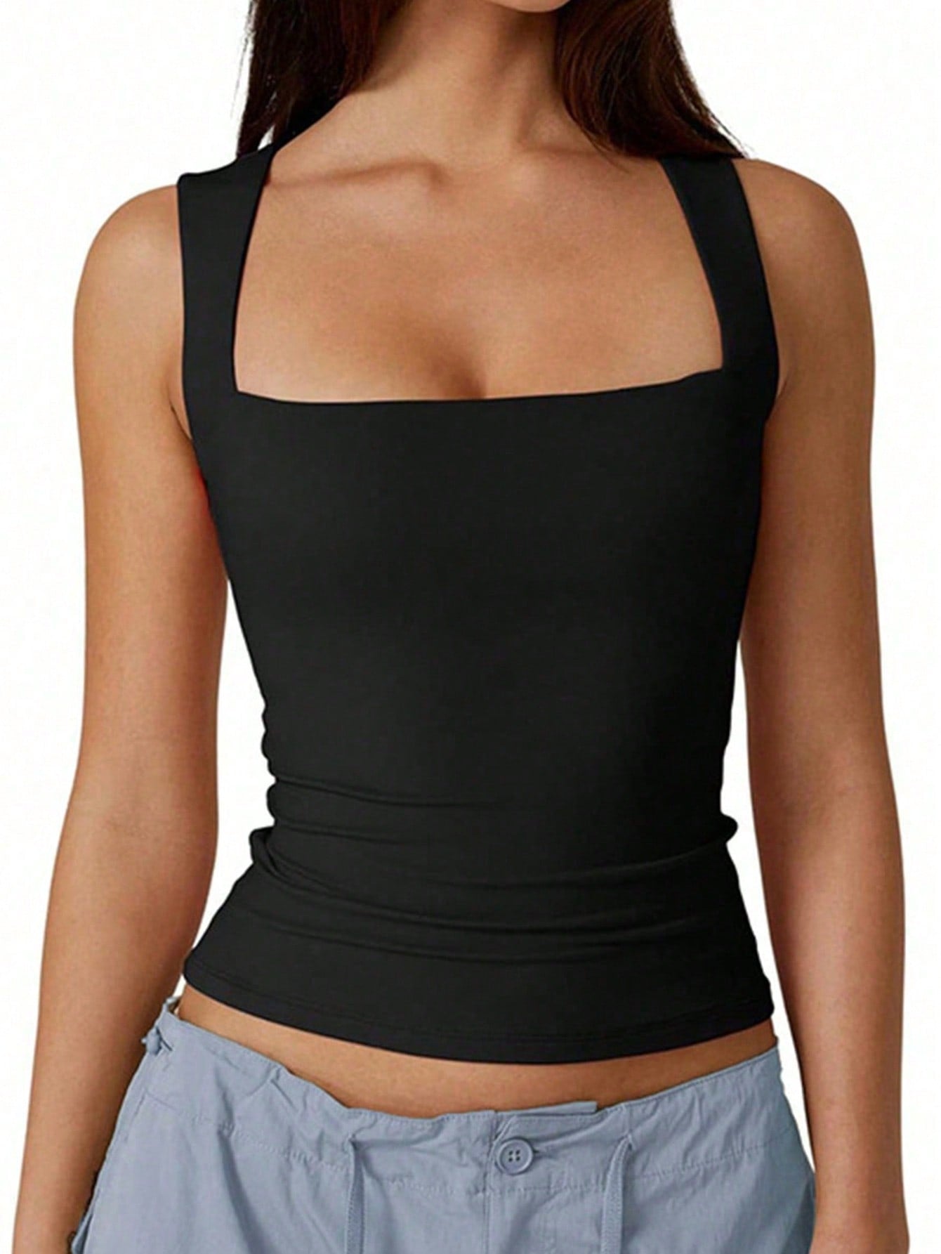 SXY Plus Size Casual Business Casual Solid Color Fitted Tank Top, Summer Office Concert Black