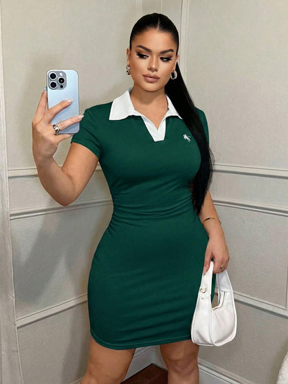 SXY Women's Casual Business Embroidered Polo Collar Dress Mini Dress Polo Dress Green Dress