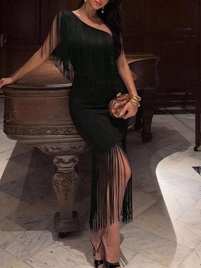 SXY Women's New Asymmetric One Shoulder Black Dress, Fringe, Luxury Evening Club Occasion, Elegant Sexy Dresses For Party, Prom, Birthday Dress Summer
