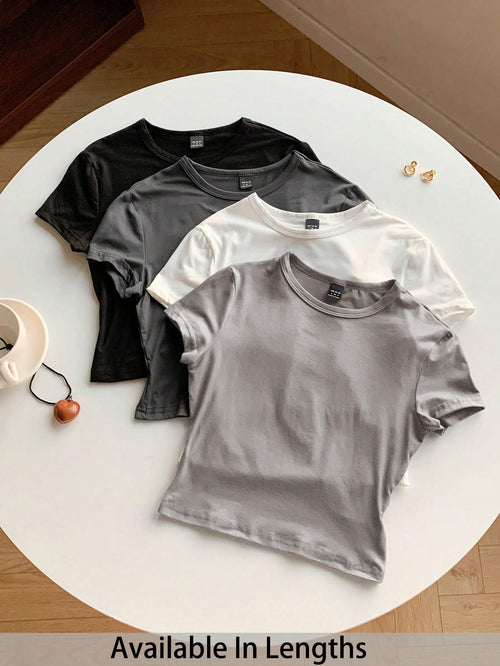 Tall CURVE Plus Size 4-Pieces Set Solid Color Cropped Round Neck Short Sleeve Fitted Women T-Shirt Top, Suitable For Summer Valentine's Day